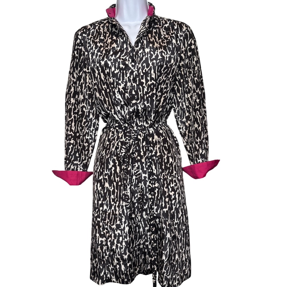 Vintage Black and White Long Sleeve Shirt Dress with Fuchsia Trim